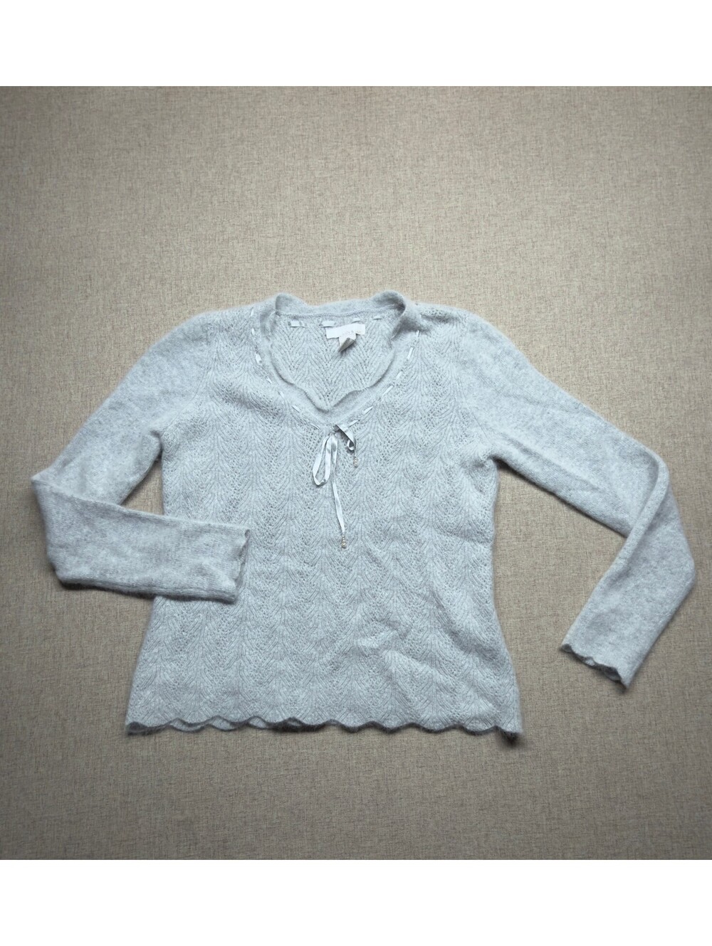Lucy & Laurel Women M Gray Angora Blend Lace Up Sweater Scallop Hem NWOT